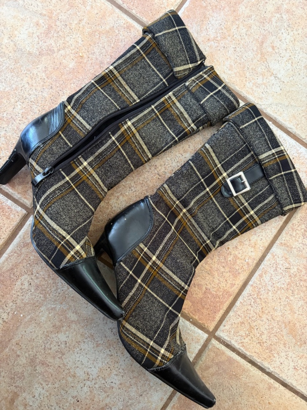 Plaid Mid-Calf Pointed-Toe Heeled Boots